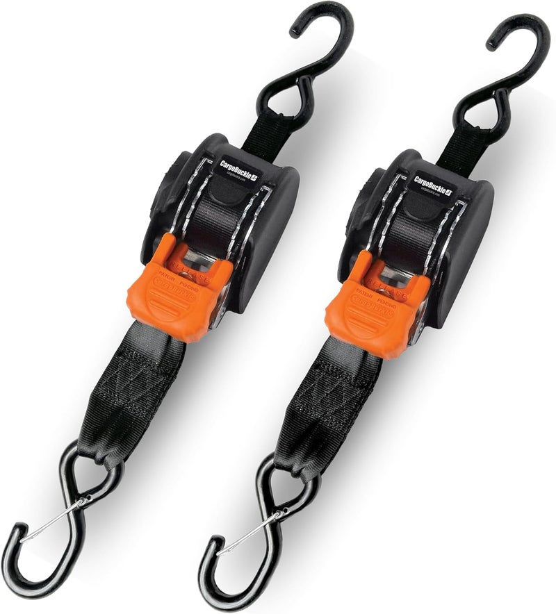 CargoBuckle Mini G3 Retractable Ratchet Straps with Dual S-Hooks, 1400 lbs Break Strength, 1-Inch Width X 6 ft Reach, Auto Ratchet Straps for Trailers, Toy Haulers, ATVs, and Motorcycles - 2 Pack - Image 1